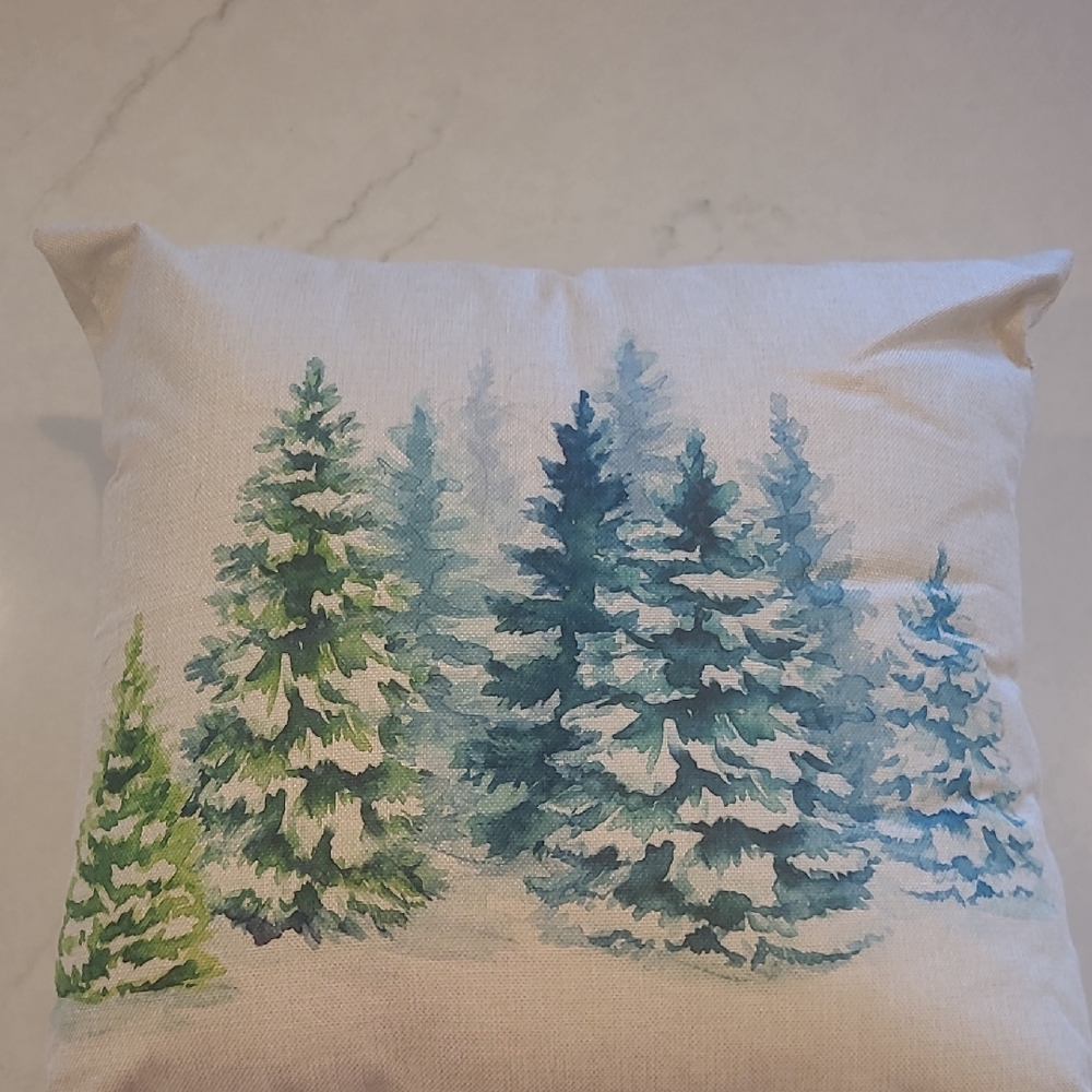 SSIOU Watercolor Coniferous Tree Pillow. 15"x15".  Removable Cover With Zipper.